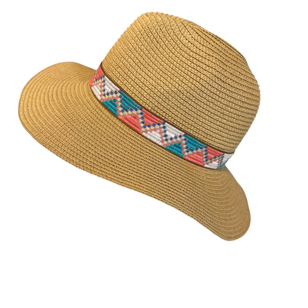 World Market Women Straw Fedora Sun Hat Tan Woven Geometric Band Summer Beach OS